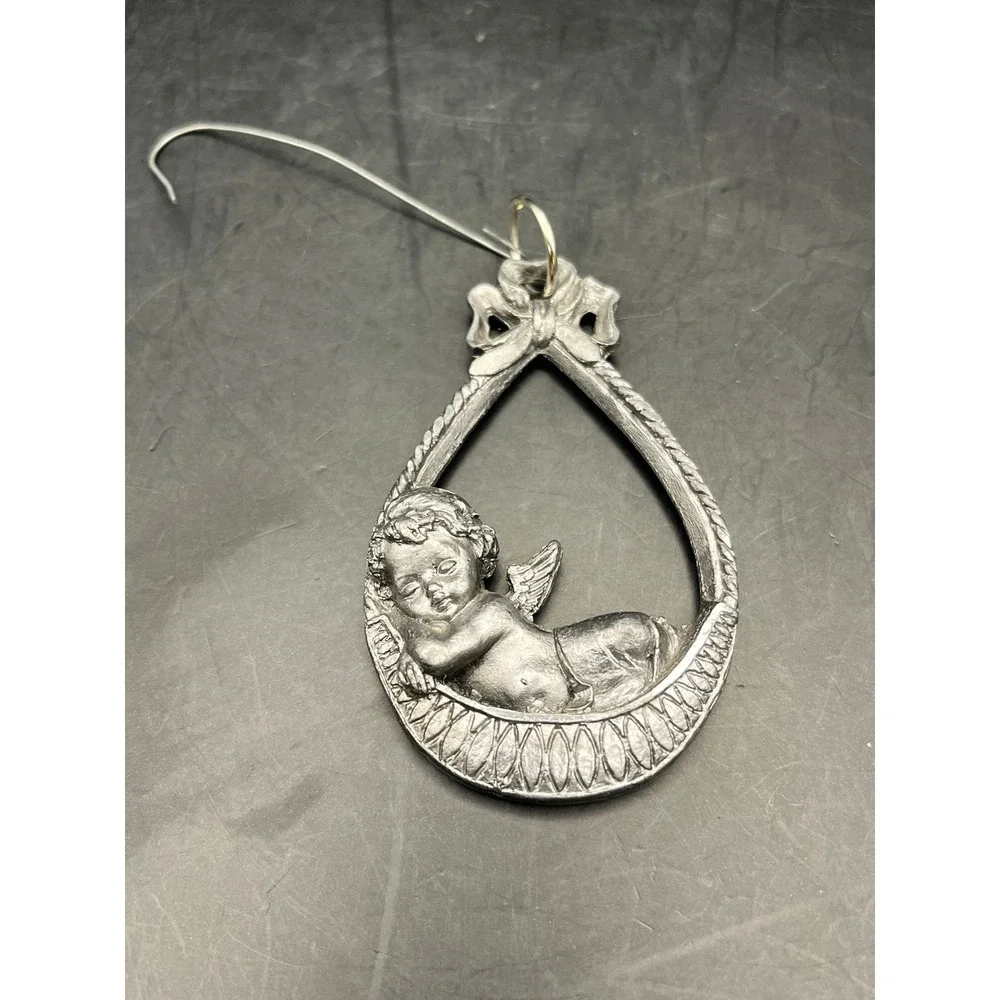 Vtg‎ Peltro Pewter Angel Ornament Italian Sleeping Cherub in Teardrop Christmas